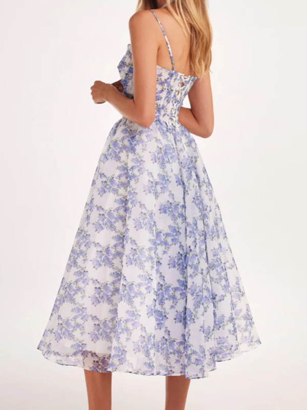 Flower Printed Ruffled Pleated Sleeveless Spaghetti-Neck Chiffon Midi Dresses