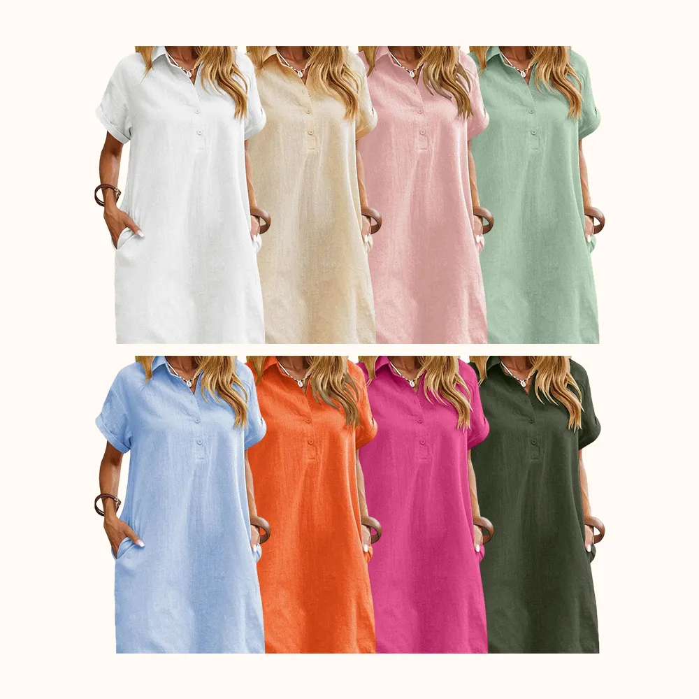 Womens Cotton Shirt Dress Summer Casual Short Sleeve Button Down Beach Cover Up Shirts with Pockets