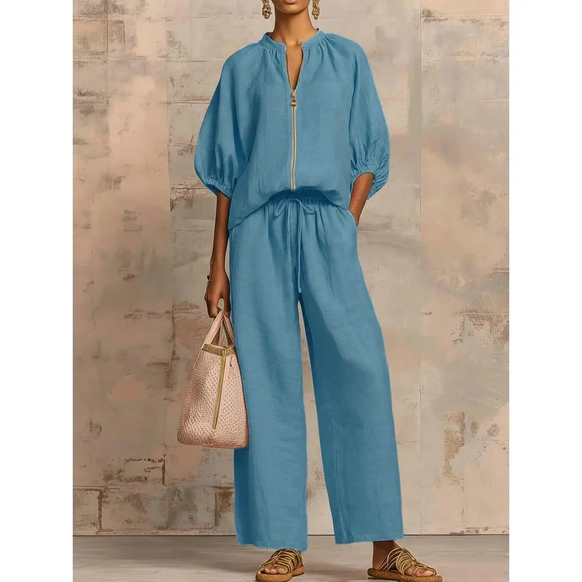 Women's Matching Lounge Set Quarter Zip Pullover Top Loose Wide Leg Pants 2 Piece Sweatsuit Casual Outfit