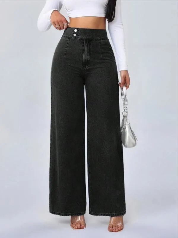 Women's Vintage Elegant High Waist Wide Leg Jeans, Button Front Elastic Waist Loose Fit