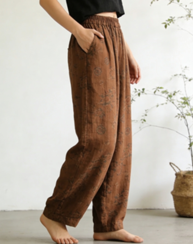 Retro Brown Printed Linen Pull-On Pants