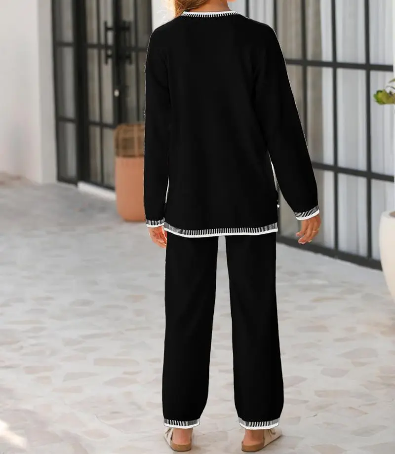 Chic Crew Neck Sweater & High Waist Loose Pants Casual Outfit