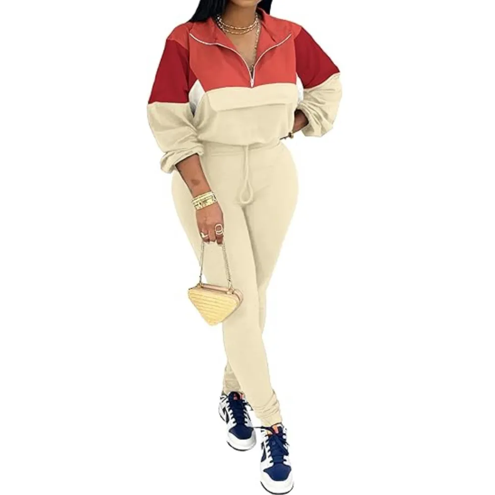 Women's Colorblock 2-Piece Knit Zip Jacket Elastic Waist Tracksuit