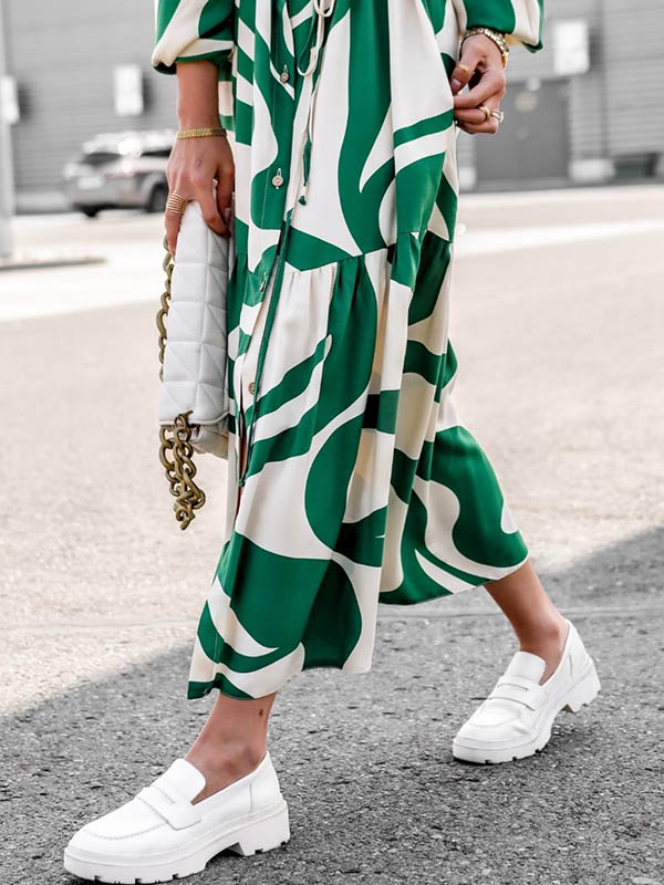 Contrast Color Pleated Printed Split-Joint Tied Waist Long Sleeves Loose Lapel Shirt Dress