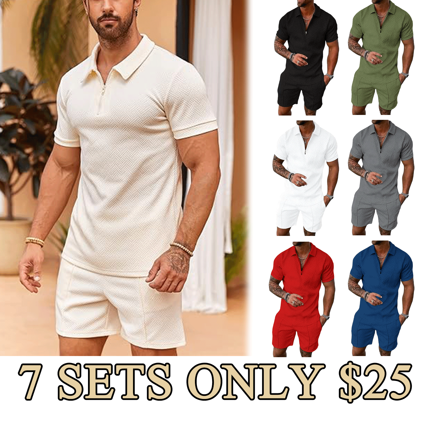 Men’s Textured Polo & Shorts 2-Piece Summer Set