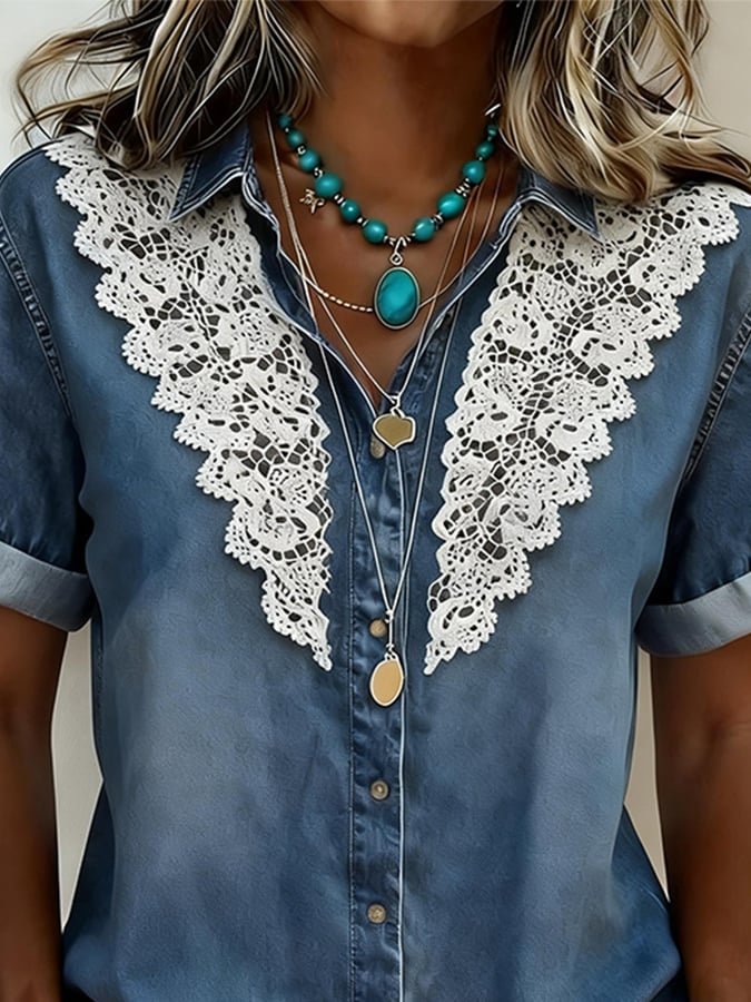 Women's Casual Collared Denim Shirt with Lace Trim