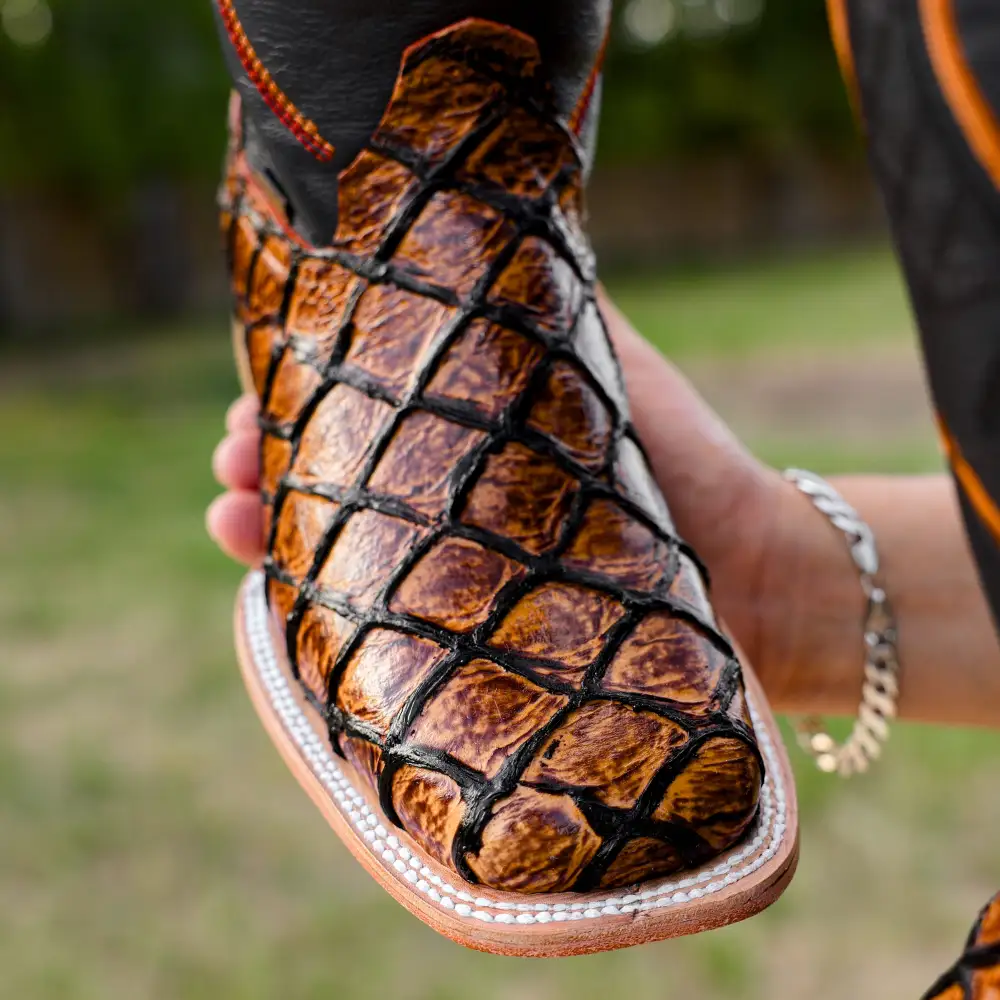 Cognac Pirarucu Leather Boots - Square Toe