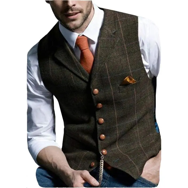 Men's Retro Tweed Vest Herringbone Wool-Polyester Blend Classic Formal & Casual Sleeveless Waistcoat Dress Fabric