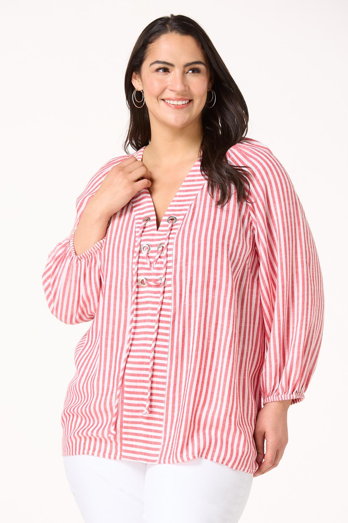 Plus Size Stripe Grommet Lace Up Top