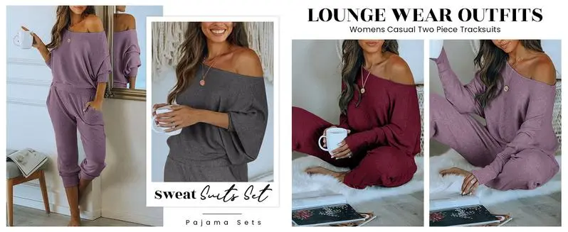 Women's 2-Piece Set Ribbed Knit Off Shoulder Tops Lounge Pants Tracksuit