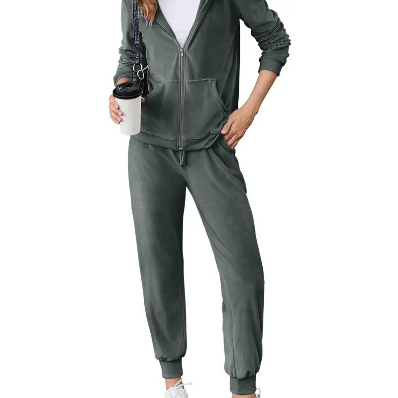 Women's Casual Velour Tracksuit Set Full Zipper Hoodie