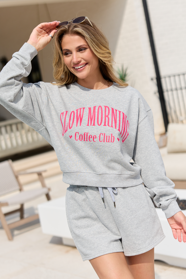 Slow Morning Coffee Club Light Grey Cropped Graphic Sweatshirt