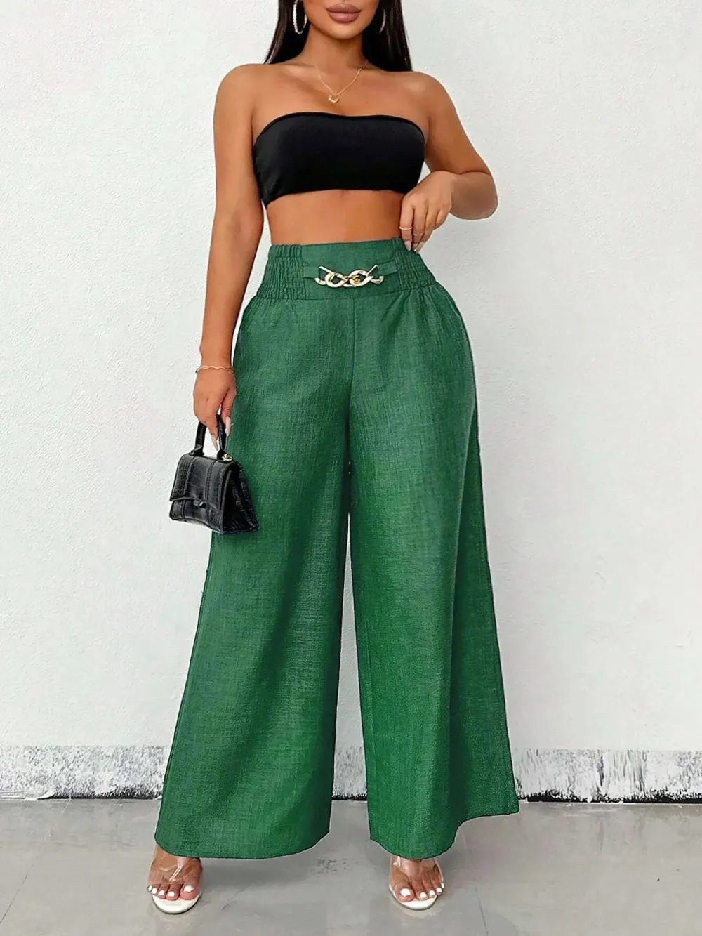 Women's Solid Color High-Waisted Pants, Stretchable Loose-Fitting Wide-Leg Trousers