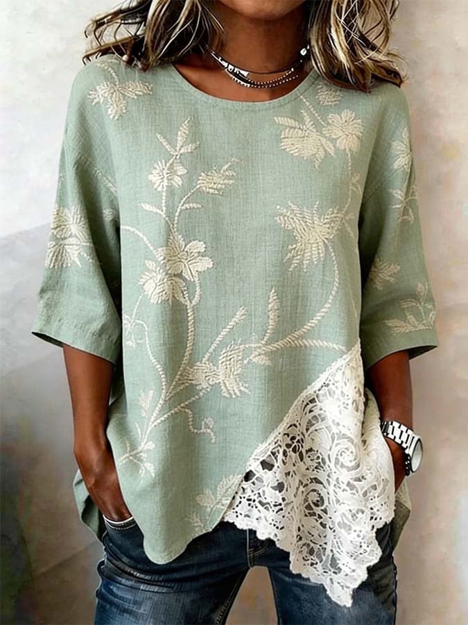 🔥Free Shipping Over $69🔥Women'S Casual Lace-Trimmed Printed Spliced ​​Top