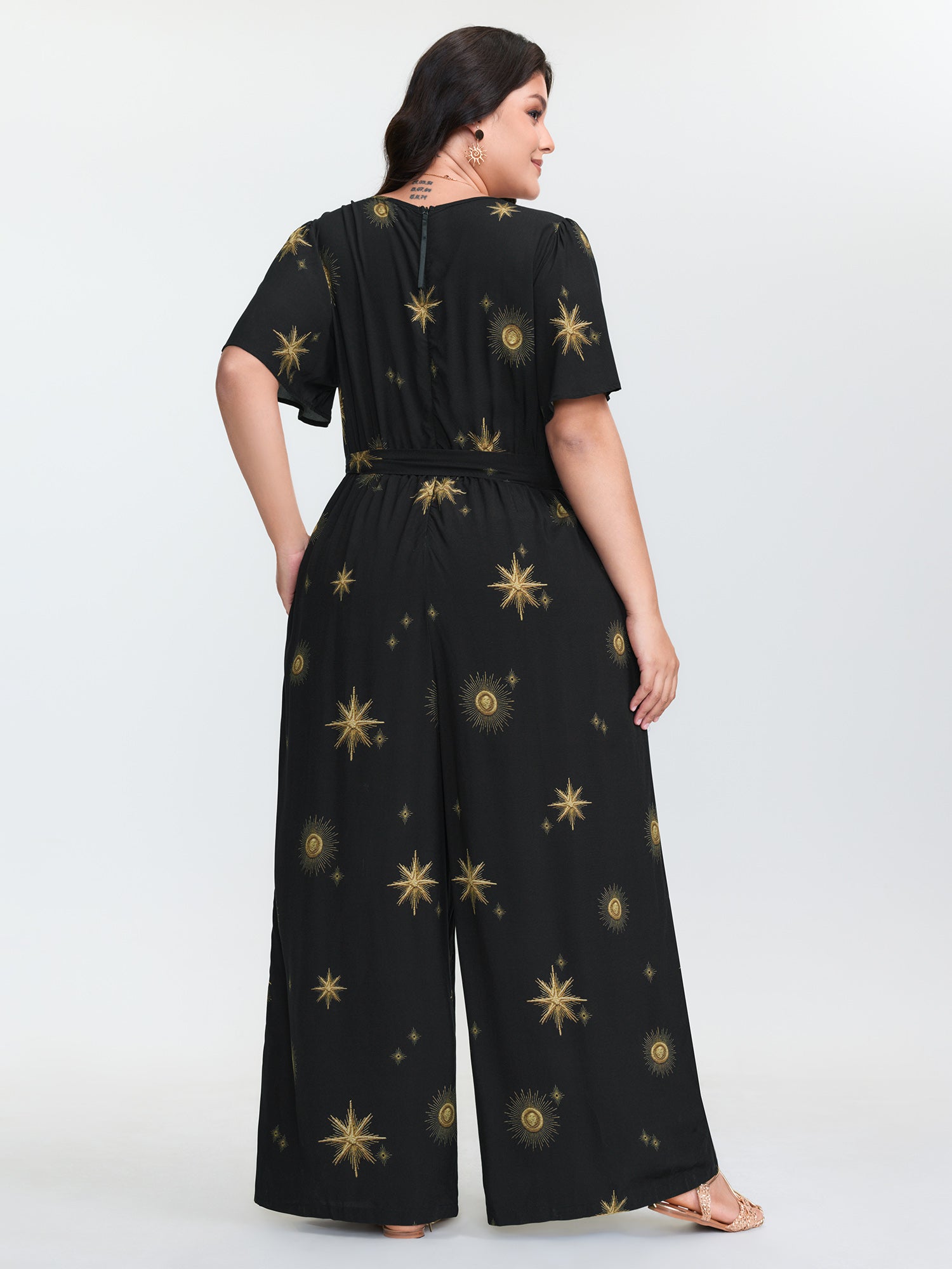 Star Moon Pattern Belted Jumpsuit