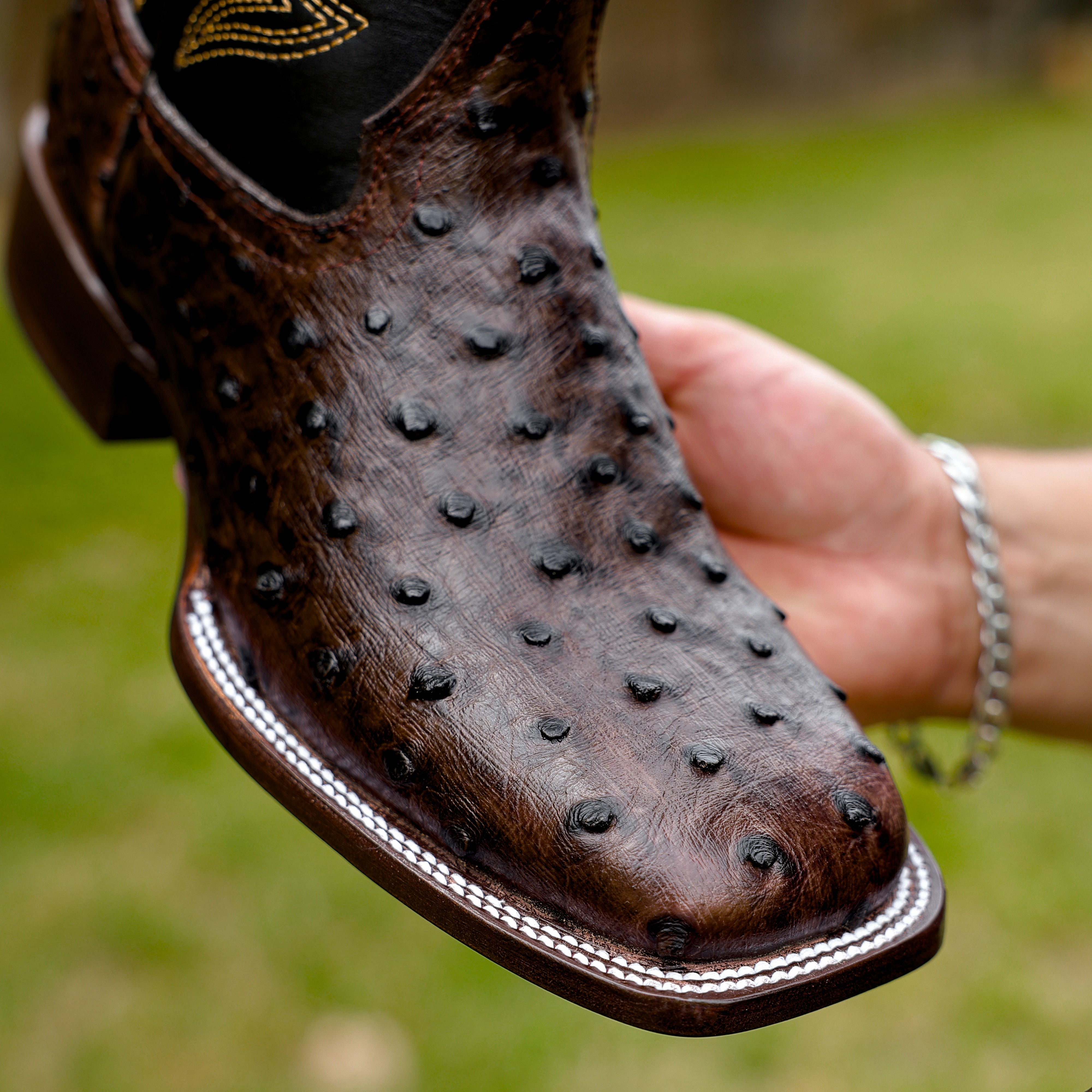 Chocolate Brown Ostrich Leather Boots - Square Toe