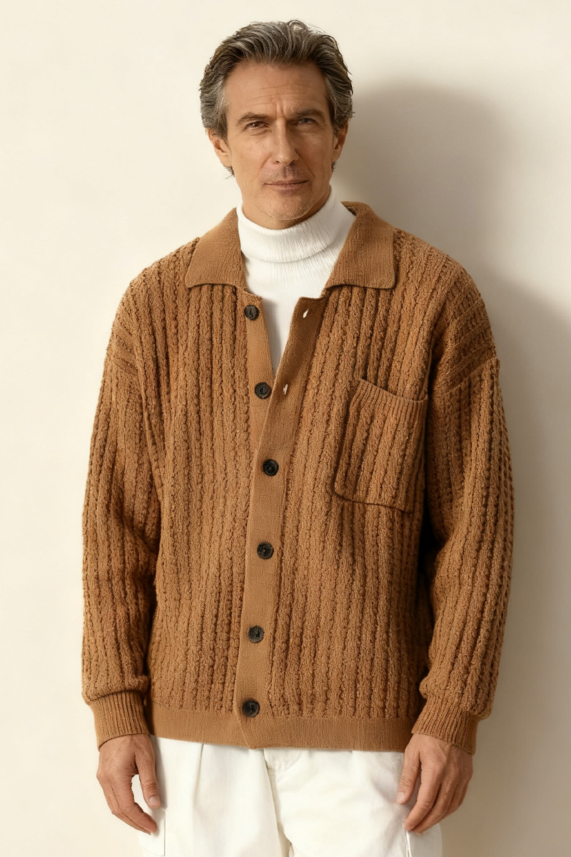 Men's Brown Textured Knit Single-Breasted Cardigan