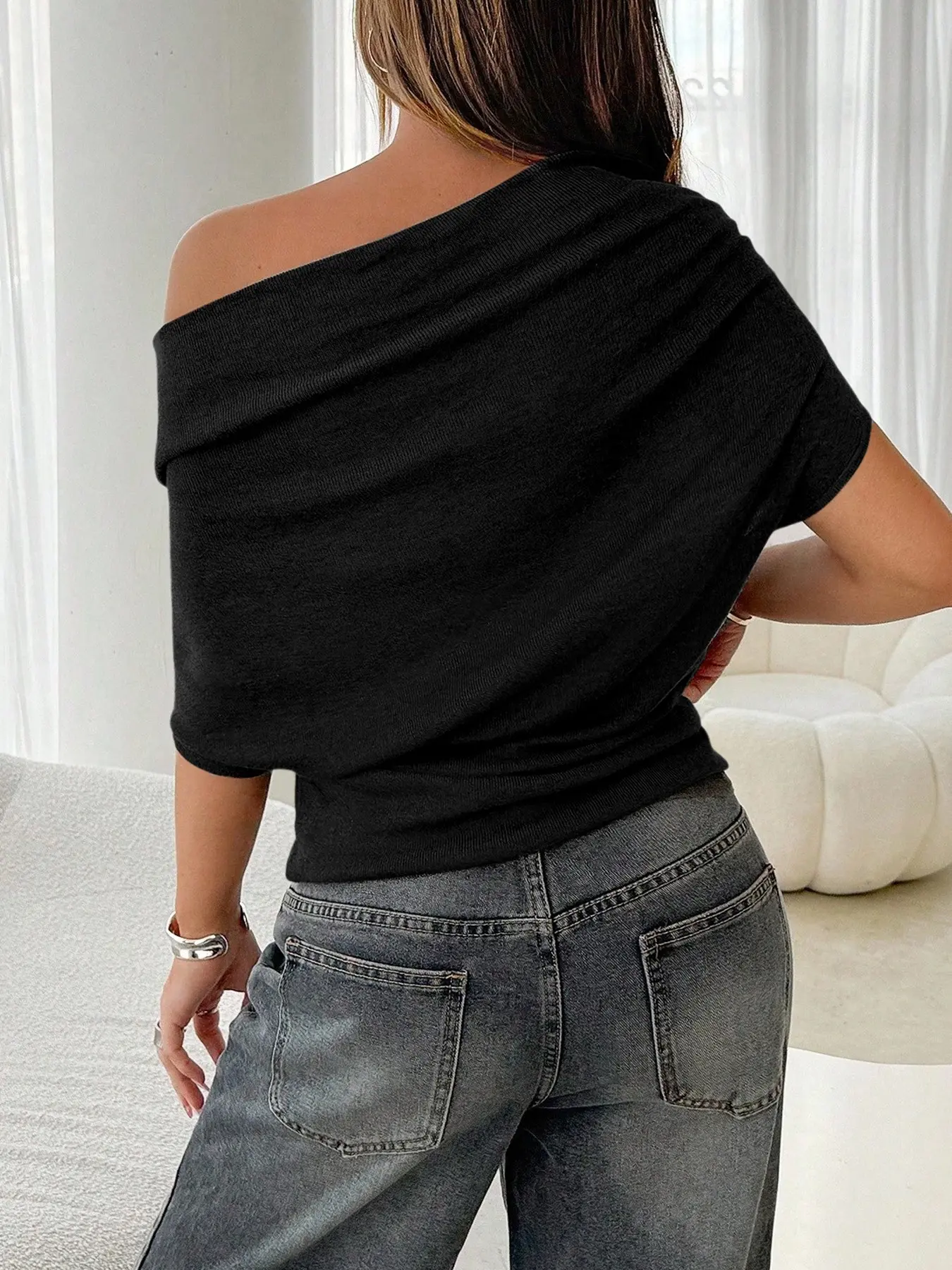 Women’s Asymmetric Neck Knit Tee – Slim Fit Everyday Top