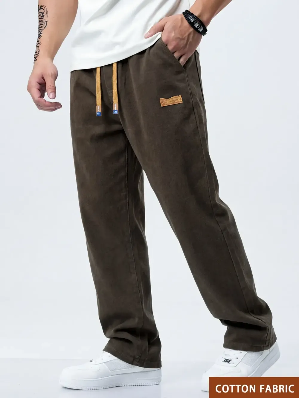 Men's Drawstring Elastic Waist Jeans, Washed Vintage Straight Leg Plain Denim Jeans