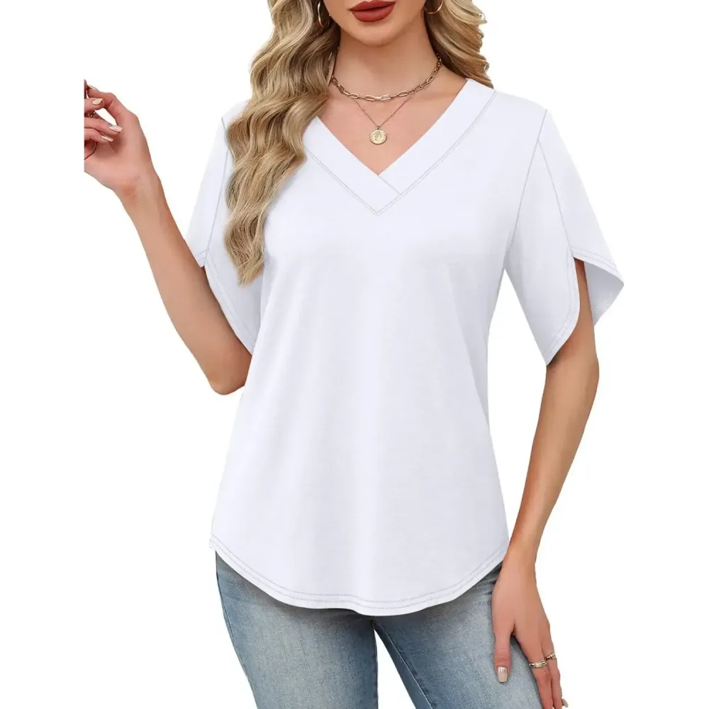 Womens Summer Tops Short Petal Sleeve Shirts Fashion V Neck Outfits Clothes