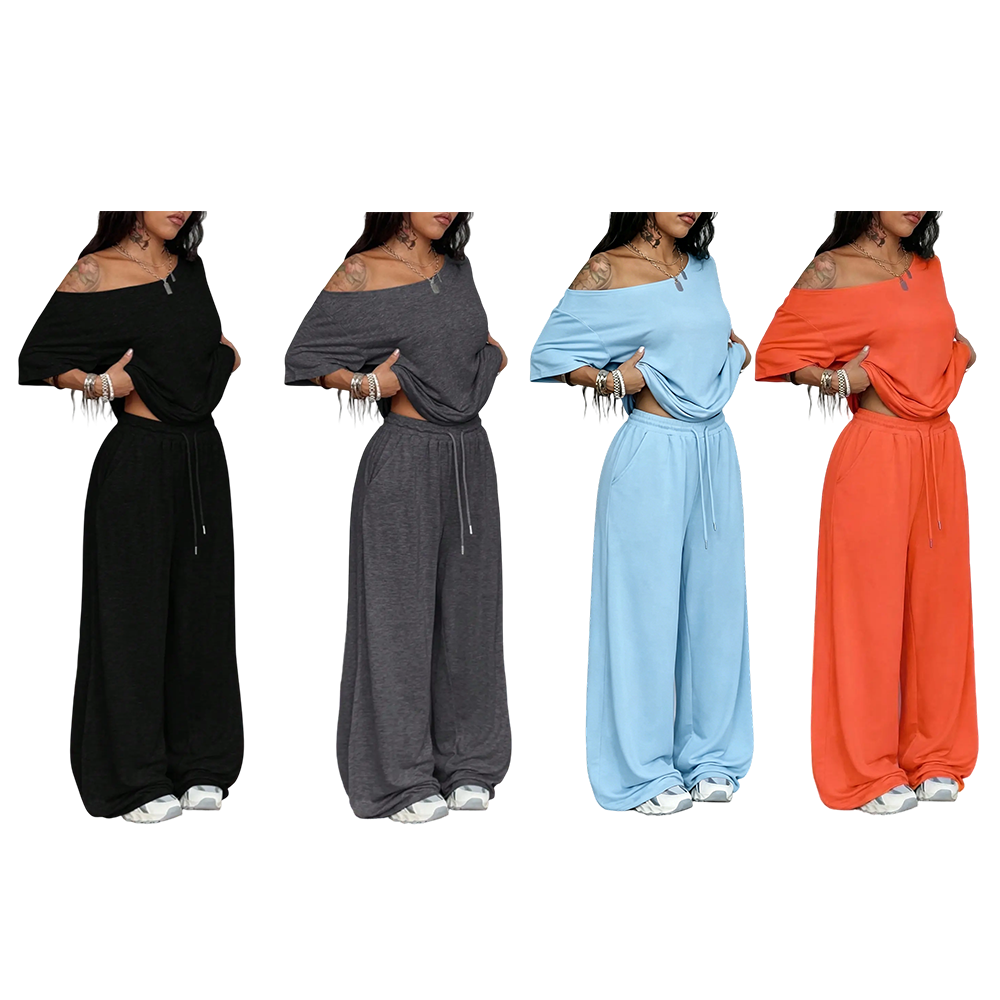 Women's Minimalist Basic Daily Wear Casual Going Out Sport Comfortable Off Shoulder T-Shirt And Wide Leg Pants Two Pieces Outfits