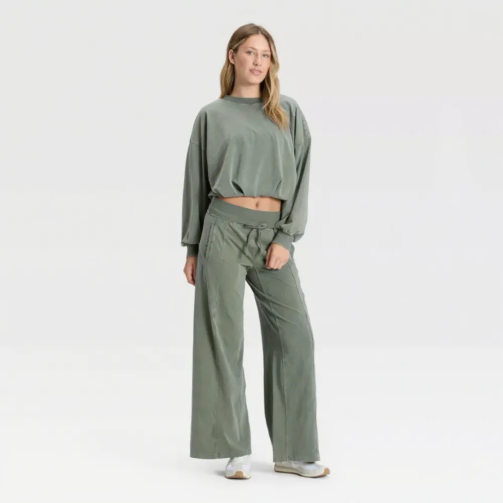 Women's Bubble Hem Long Sleeve Top & Wide Leg Pants Set