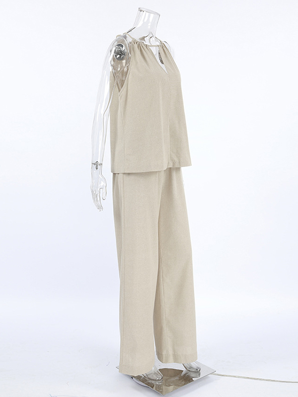 Loose Hollow Split-Joint Halter-Neck Vest + Elasticity High Waisted Pants Trousers Two Pieces Set