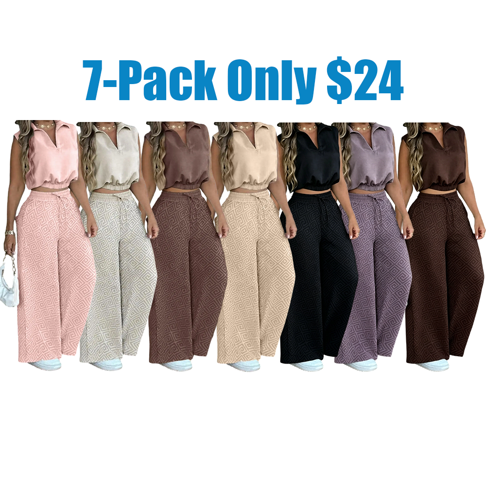 Women's Casual Commuter Set, Sleeveless Collared Waist-Defined Crop Top with High-Waisted Drawstring Wide-Leg Pants