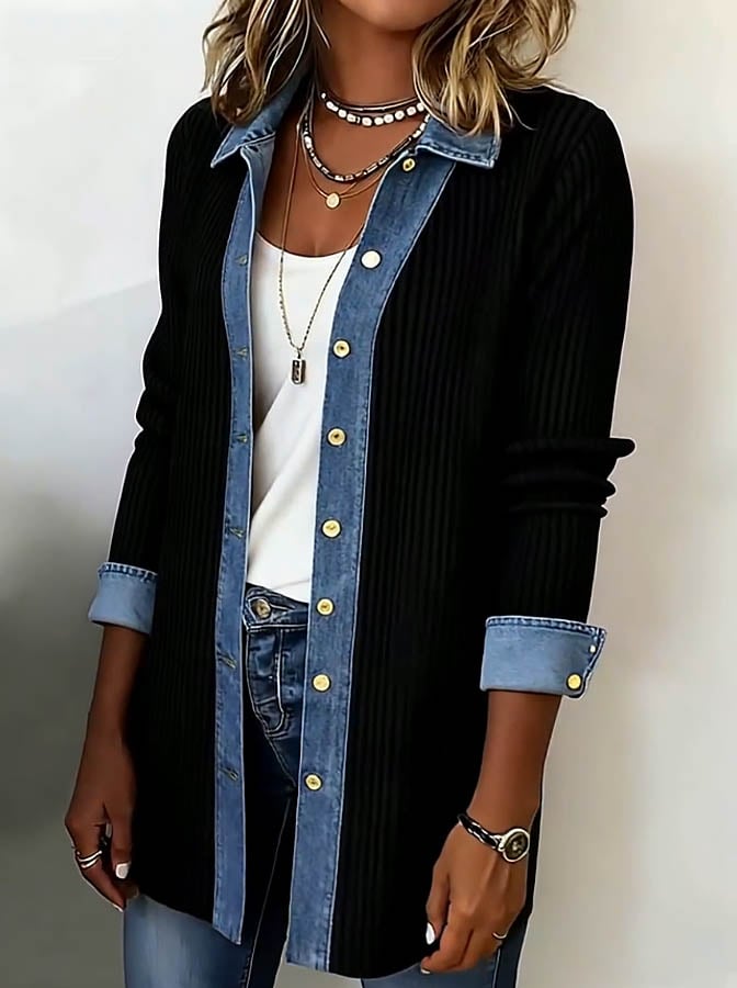 Women'S Casual Loose Contrast Color Patchwork Jacket
