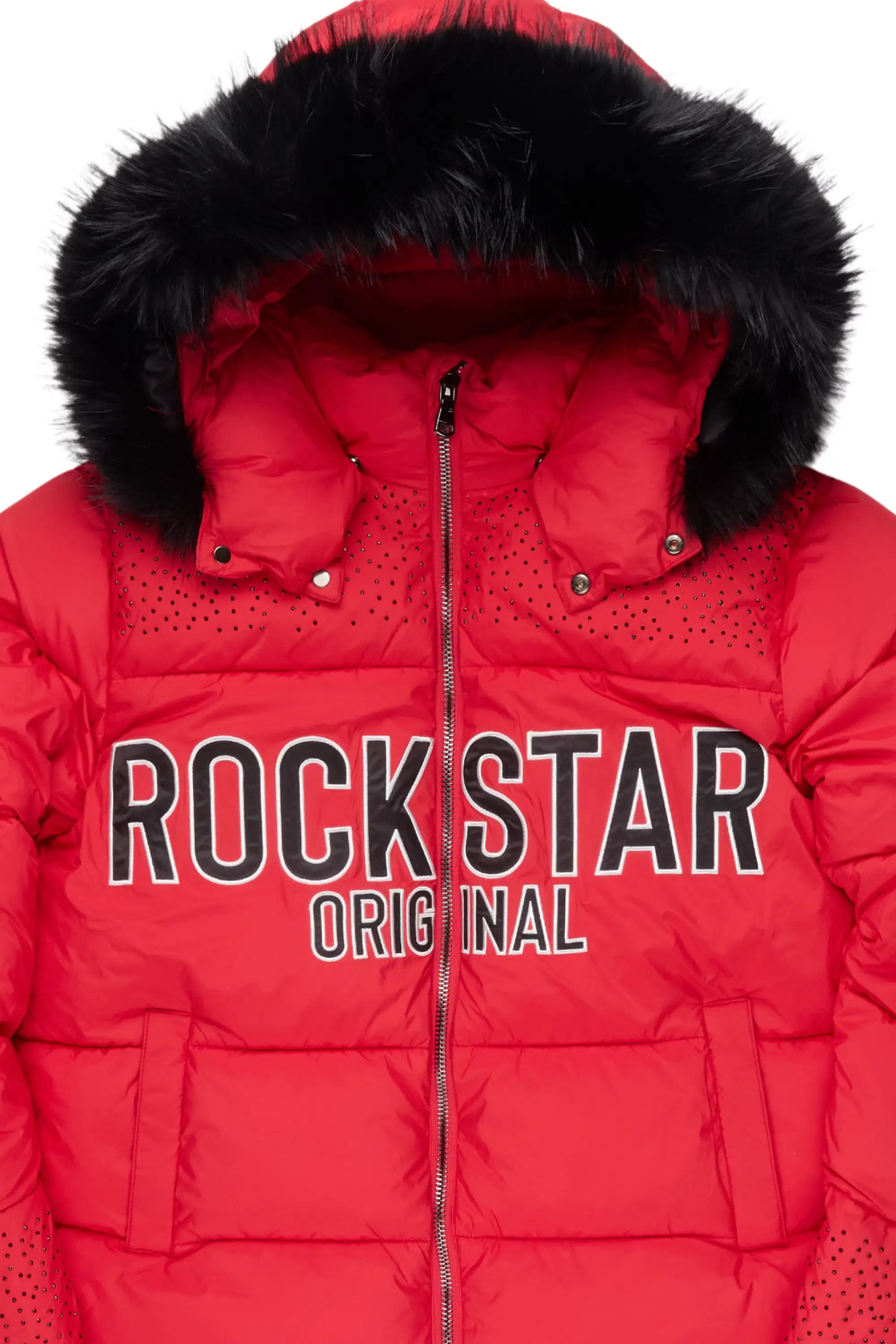 Natia Red Oversized Rhinestone Puffer Jacket