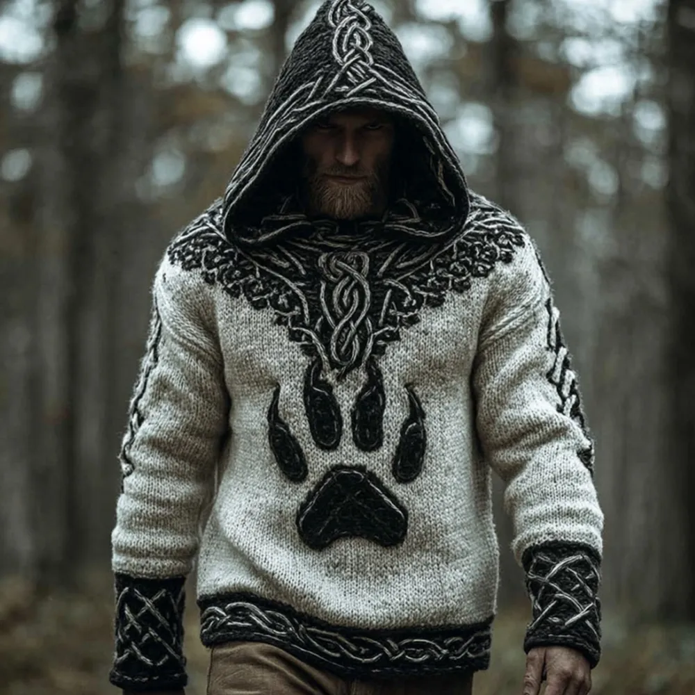 Men's Viking Style Wolf Claw Contrasting Thick Needle Hooded Sweater