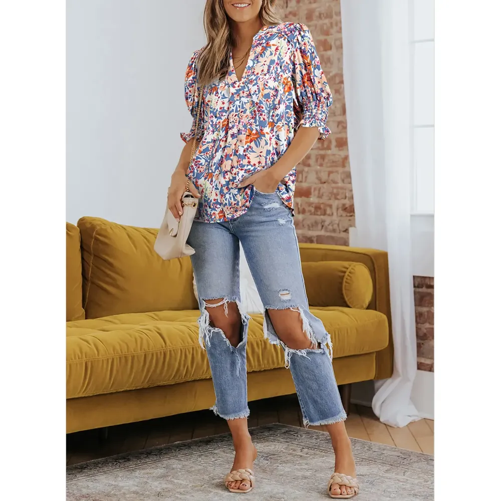 Womens Graphic Solid V Neck T Shirts Tops Casual Ruffle Short Sleeve Blouses Boho Floral