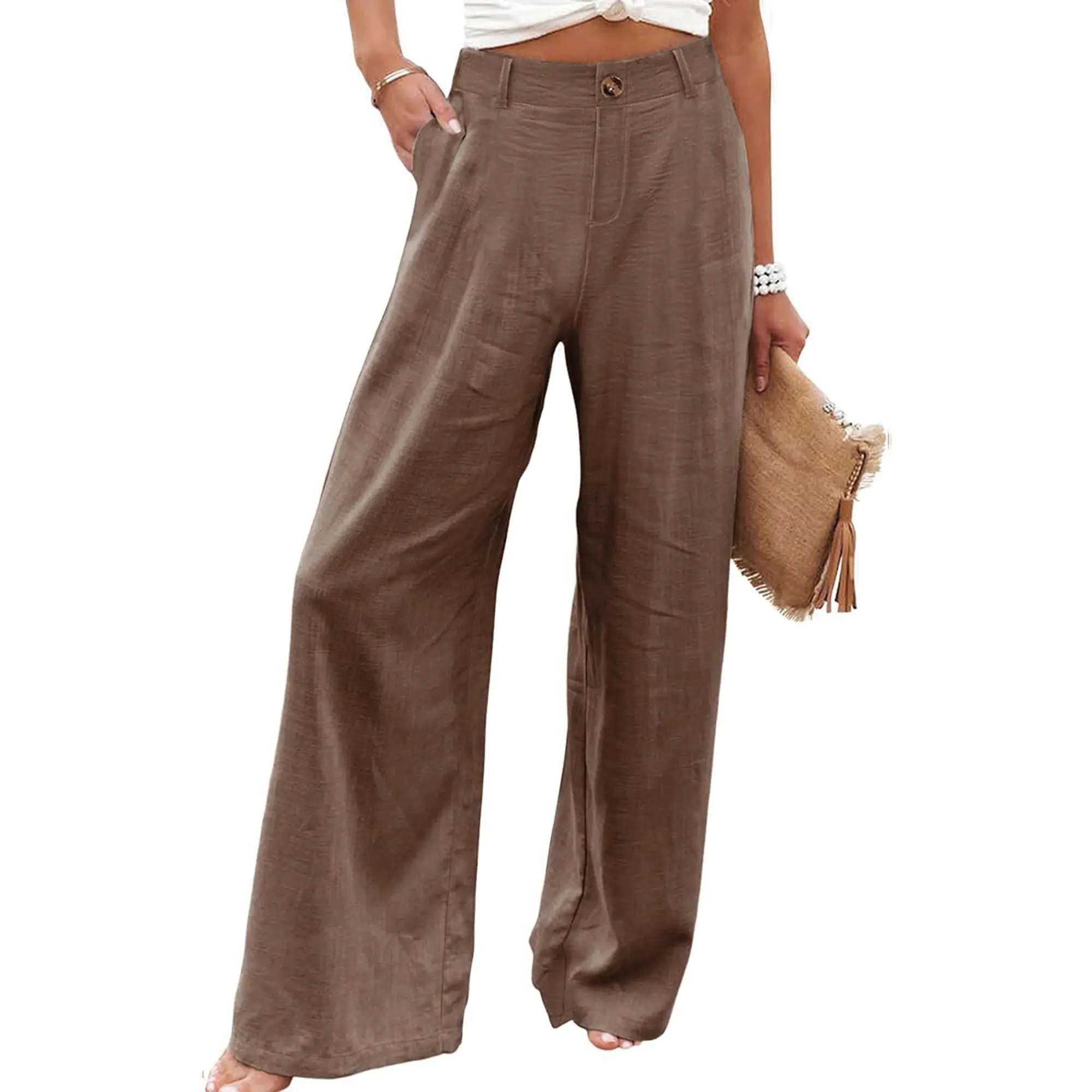 Women's High Waisted Wide Leg Linen Pants Casual Button Up Cotton Trousers for Summer Loose Comfy Beach Pants