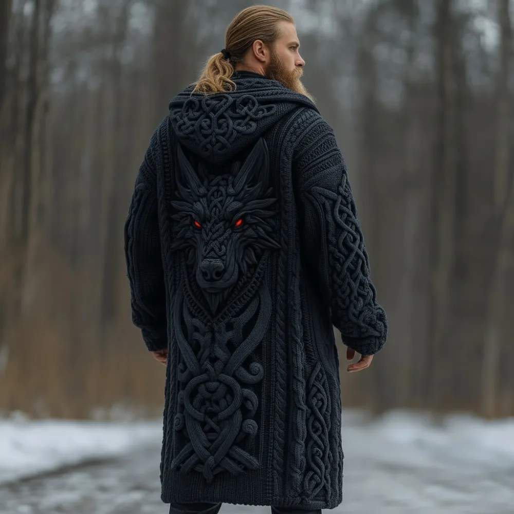 Men's Viking Celtic Knot Wolf Face Knitted Thick Long Hooded Sweater
