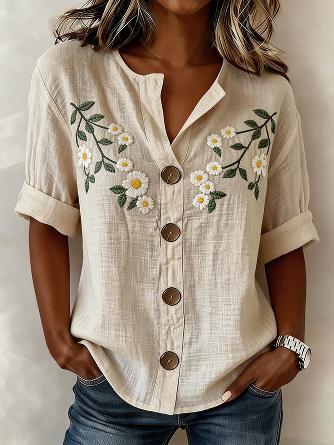 Women's Casual Embroidered Short-Sleeve Cotton-Linen Top