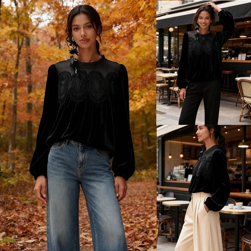 Women’s Elegant Velvet Lace Long Sleeve Blouse