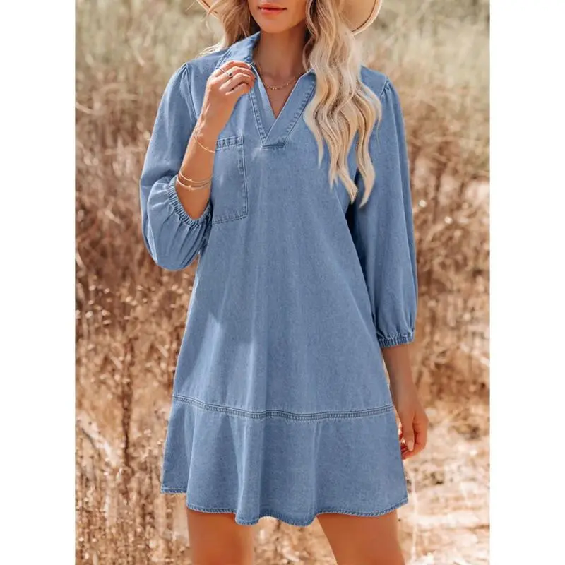 V Neck 3/4 Puff Sleeve Jean Dresses