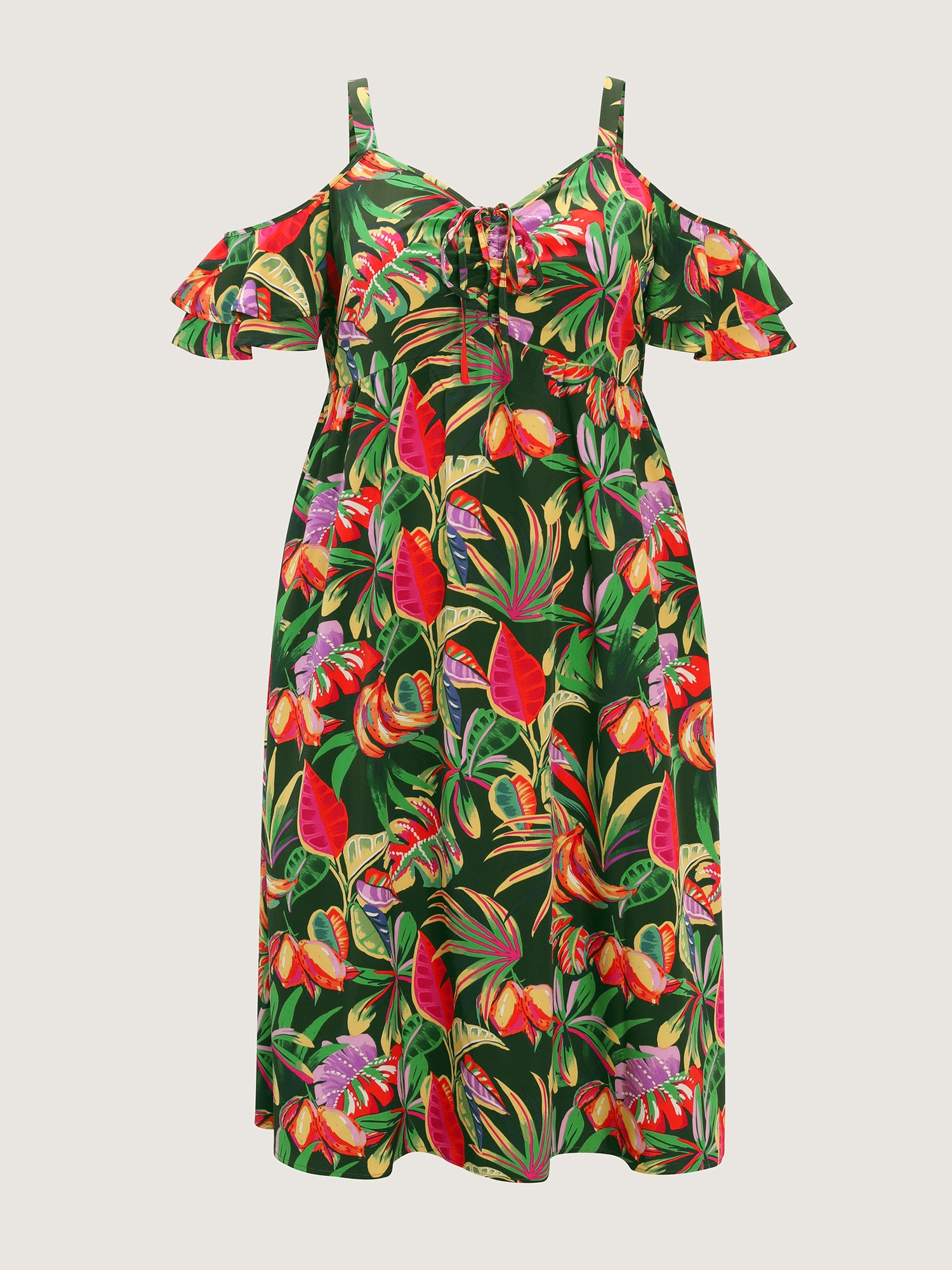 Vibrant Tropical Print Off-Shoulder Midi Dress
