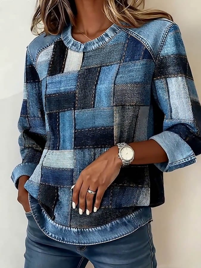 Women'S Casual Round Neck Denim Patchwork Pullover Sweatshirt