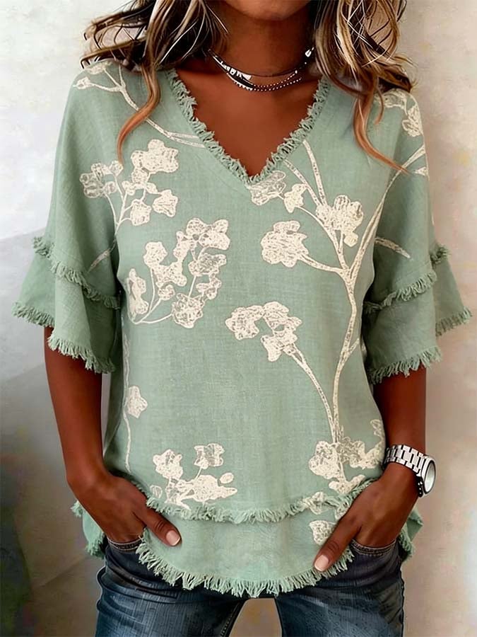 🔥Free Shipping Over $69🔥Women'S Casual Frayed-Edge Spliced ​​Printed Top