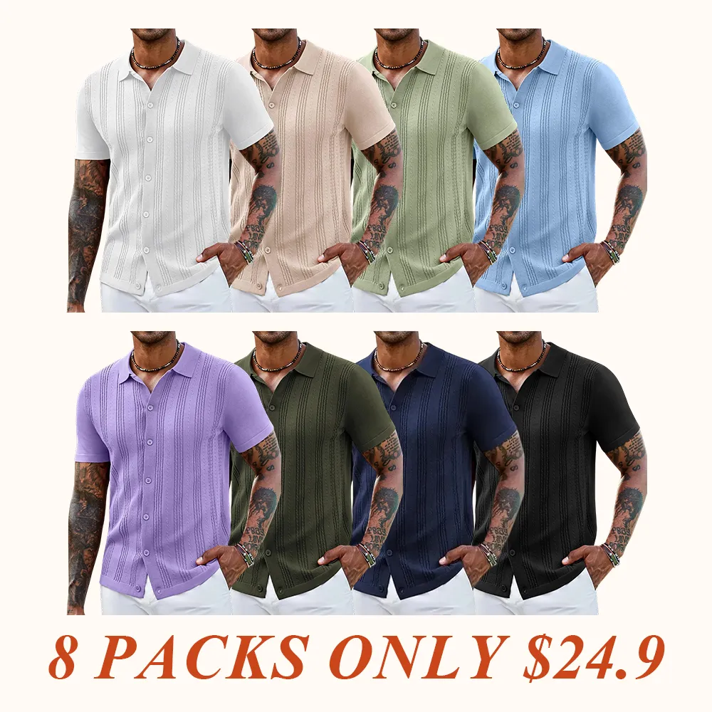 Men's Knit Shirts Short Sleeve Casual Button Down Polo Shirt Summer Beach Vacation Shirts Outfit Top