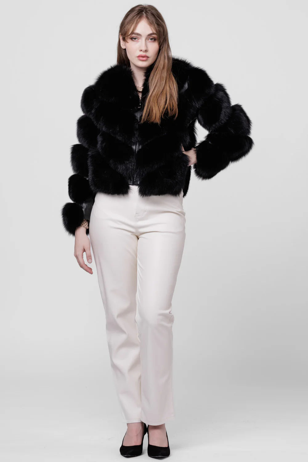 Haină din Blană Naturală de Vulpe, V Model, Transformabilă, Femei, Sable 276