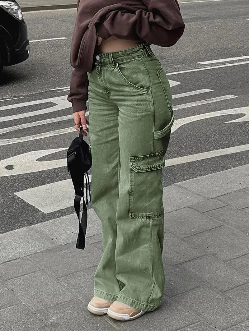 Women's High Waist Cargo Jeans with 6 Pockets, Wide Leg Baggy Denim Pants for Casual Street Style