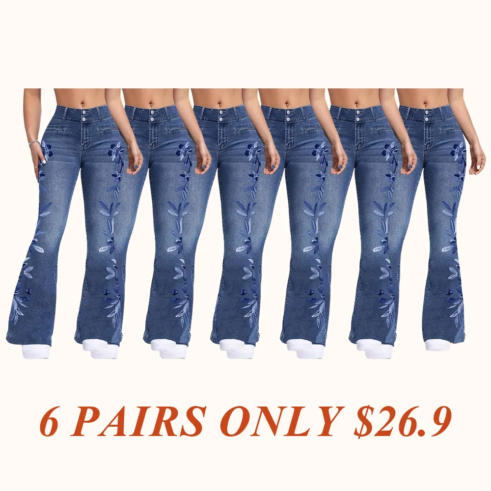 Women's denim printed flared pants