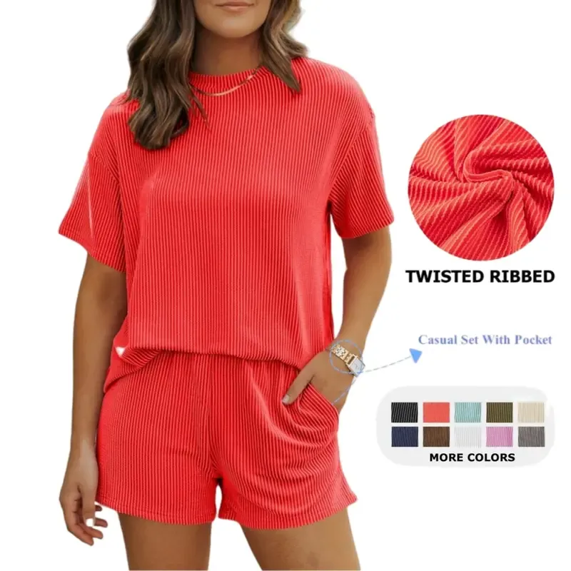 Women's Summer Short Sleeve Twisted Thread Shirt & Shorts with Pockets Casual Pajamas Ribbed Textured Outfit Matching Lounge Set