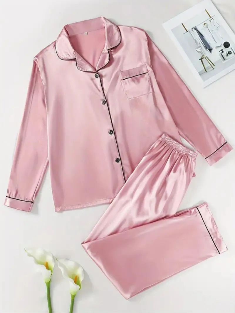Two-Piece Set Women's Solid Contrast Binding Satin Pyjamas