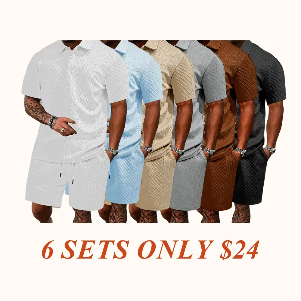Men's summer casual texture fabric solid color polo shirt T-shirt shorts 2-piece set