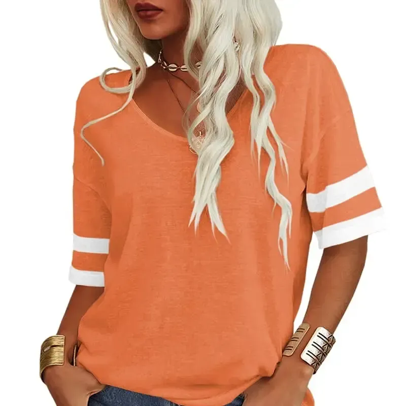 Women Soft V Neck Tshirt Half Sleeve Lightweight Solid Color Loose Fit Minimalist Top