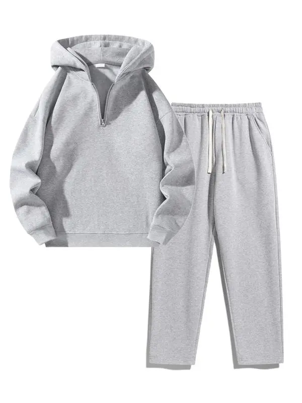 🔥Last Day Promotion 89% OFF🔥Men'S Plain Drop Shoulder Sweatsuit Set, Casual Half Zip Hoodie & Drawstring Sweatpants With Pocket