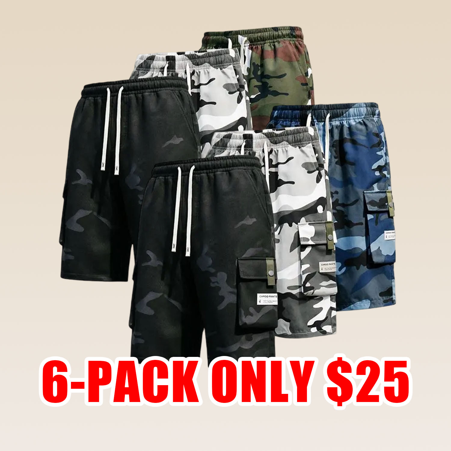 Men's 6-Pack Camo Cargo Shorts – Multi-Pocket Design, Drawstring Waistband, Casual Streetwear Shorts, Perfect for Everyday Wear & Urban Styling SpringStatements